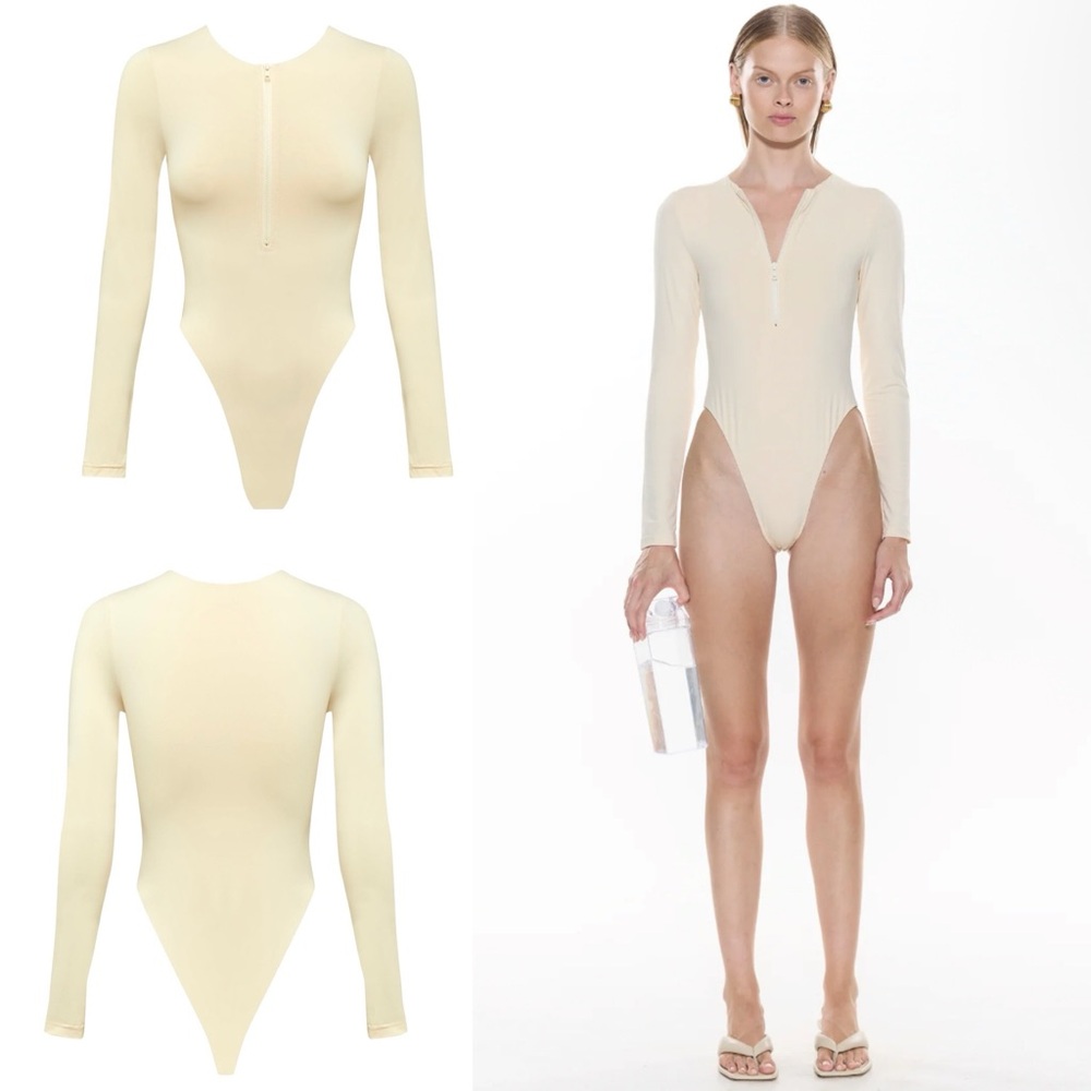 NWT MyraSwim Ivory Long Sleeve Cheeky Front Zip Swimsuit One Piece Sz S